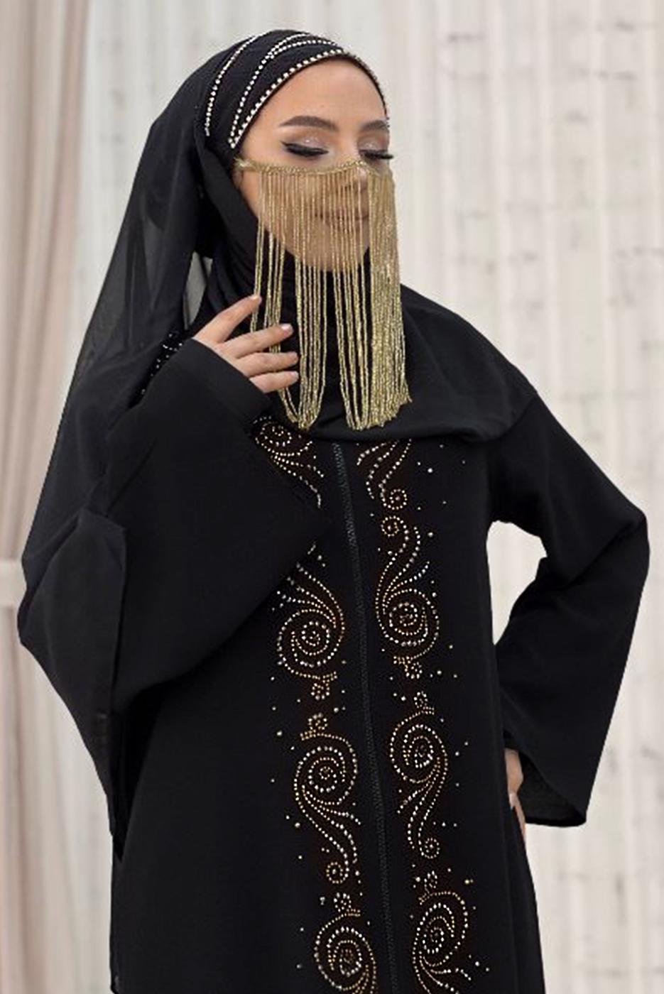 Tesettür giyim SİYAH ÖNÜ TAŞ İŞLEMELİ FERMUARLI FERACE T 6087