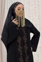 Tesettür giyim SİYAH ÖNÜ TAŞ İŞLEMELİ FERMUARLI FERACE T 6087