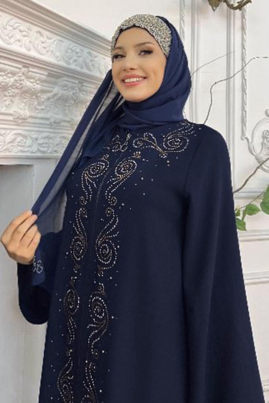 Tesettür giyim LACİVERT ÖNÜ TAŞ İŞLEMELİ FERMUARLI FERACE T 6087