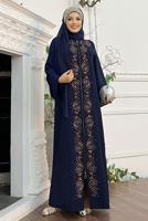 Tesettür giyim LACİVERT ÖNÜ TAŞ İŞLEMELİ FERMUARLI FERACE T 6087