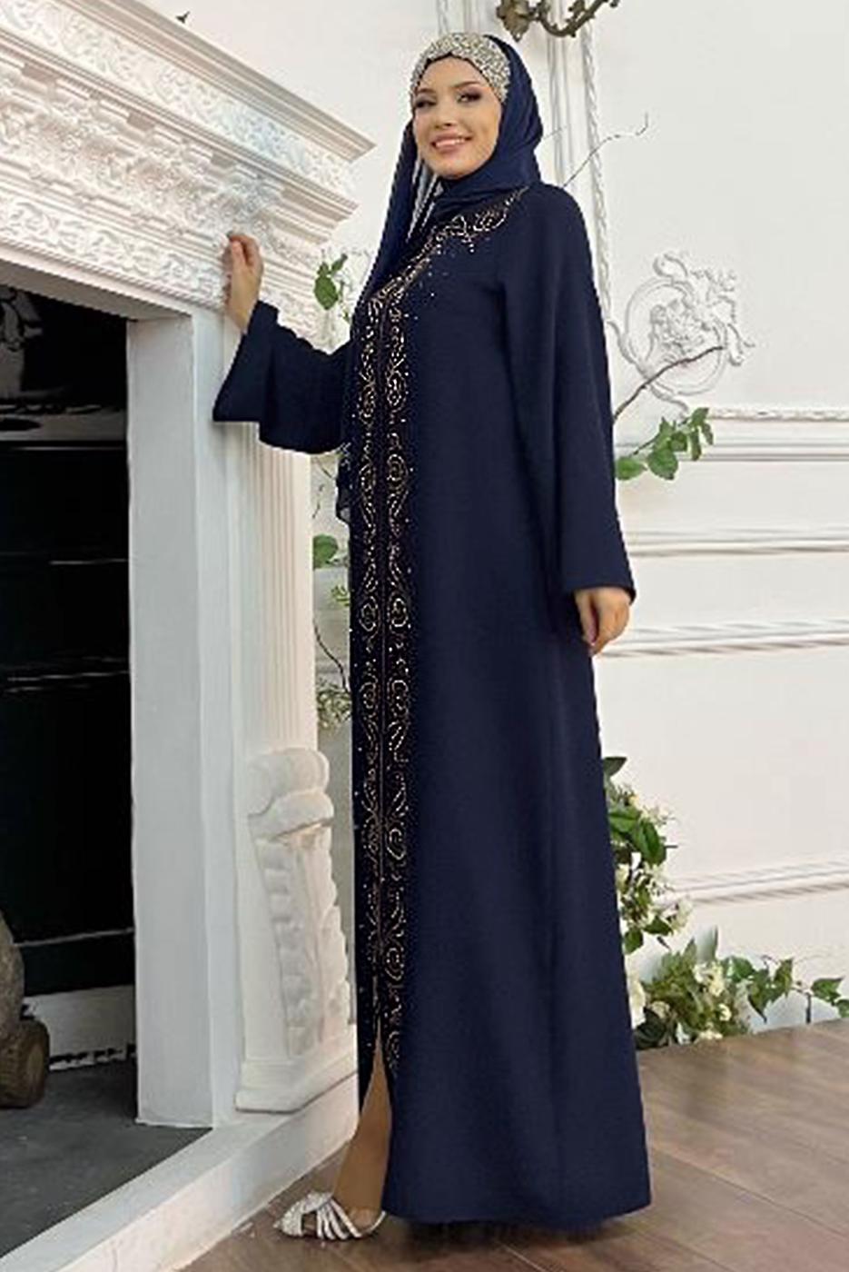Tesettür giyim LACİVERT ÖNÜ TAŞ İŞLEMELİ FERMUARLI FERACE T 6087