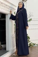 Tesettür giyim LACİVERT ÖNÜ TAŞ İŞLEMELİ FERMUARLI FERACE T 6087