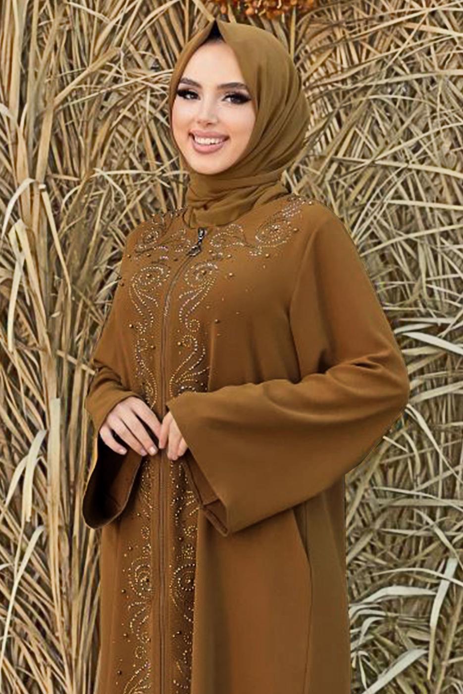 Tesettür giyim TABA ÖNÜ TAŞ İŞLEMELİ FERMUARLI FERACE T 6087