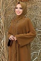 Tesettür giyim TABA ÖNÜ TAŞ İŞLEMELİ FERMUARLI FERACE T 6087