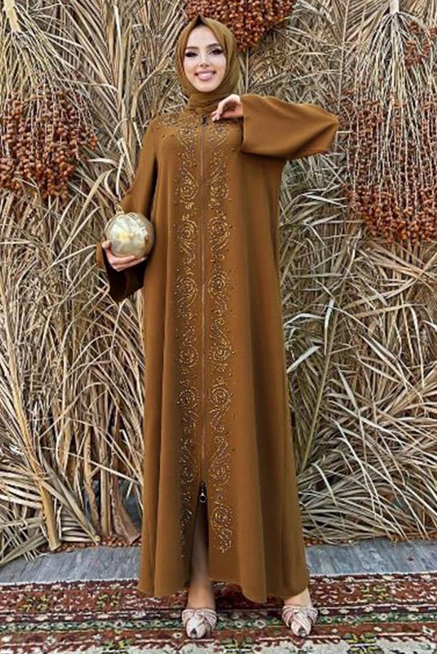 Tesettür giyim TABA ÖNÜ TAŞ İŞLEMELİ FERMUARLI FERACE T 6087 - TRENDTESETTÜR