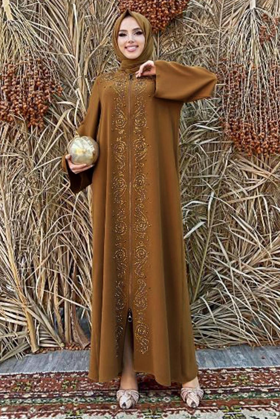 Tesettür giyim TABA ÖNÜ TAŞ İŞLEMELİ FERMUARLI FERACE T 6087