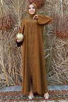 Tesettür giyim TABA ÖNÜ TAŞ İŞLEMELİ FERMUARLI FERACE T 6087