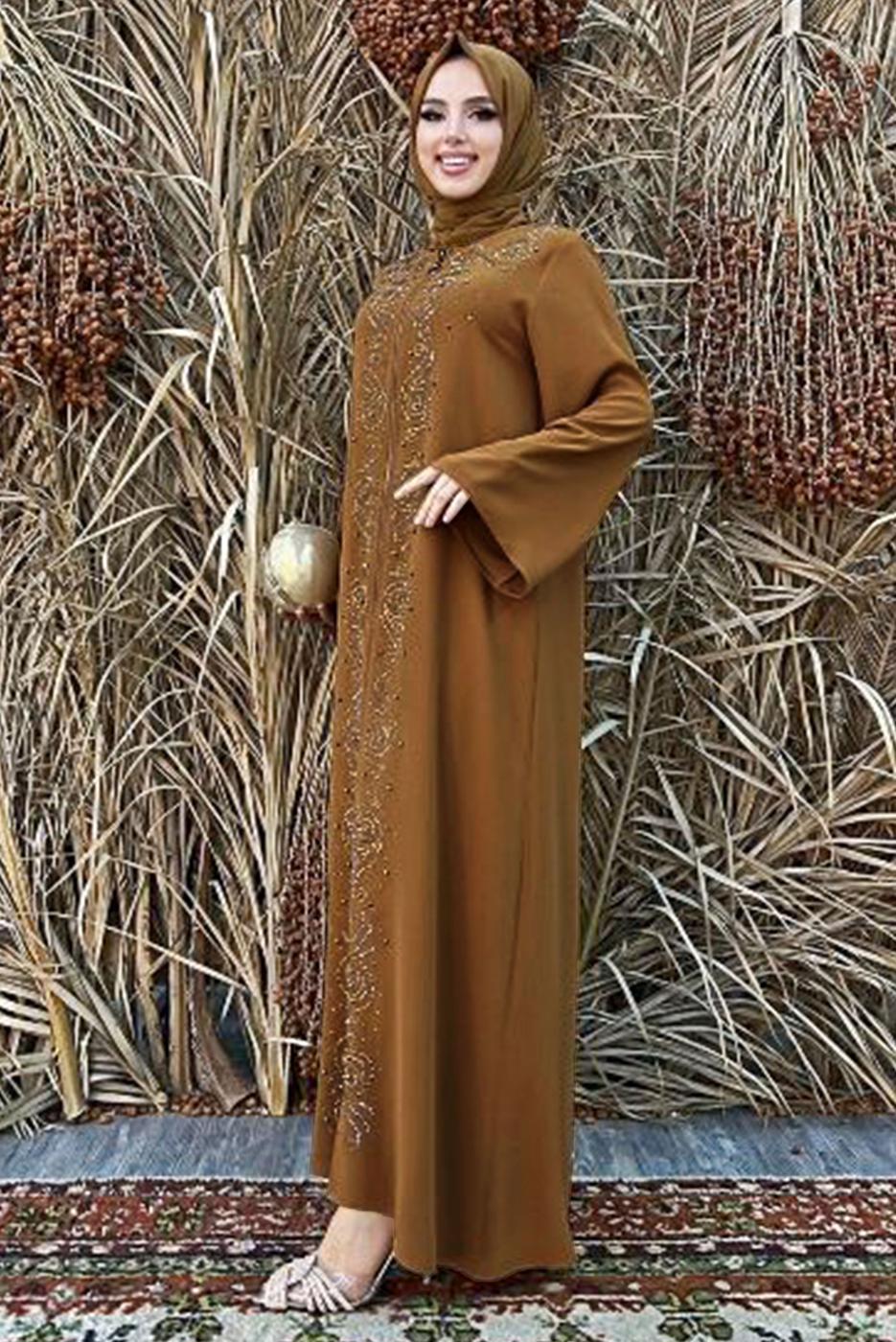 Tesettür giyim TABA ÖNÜ TAŞ İŞLEMELİ FERMUARLI FERACE T 6087