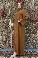 Tesettür giyim TABA ÖNÜ TAŞ İŞLEMELİ FERMUARLI FERACE T 6087