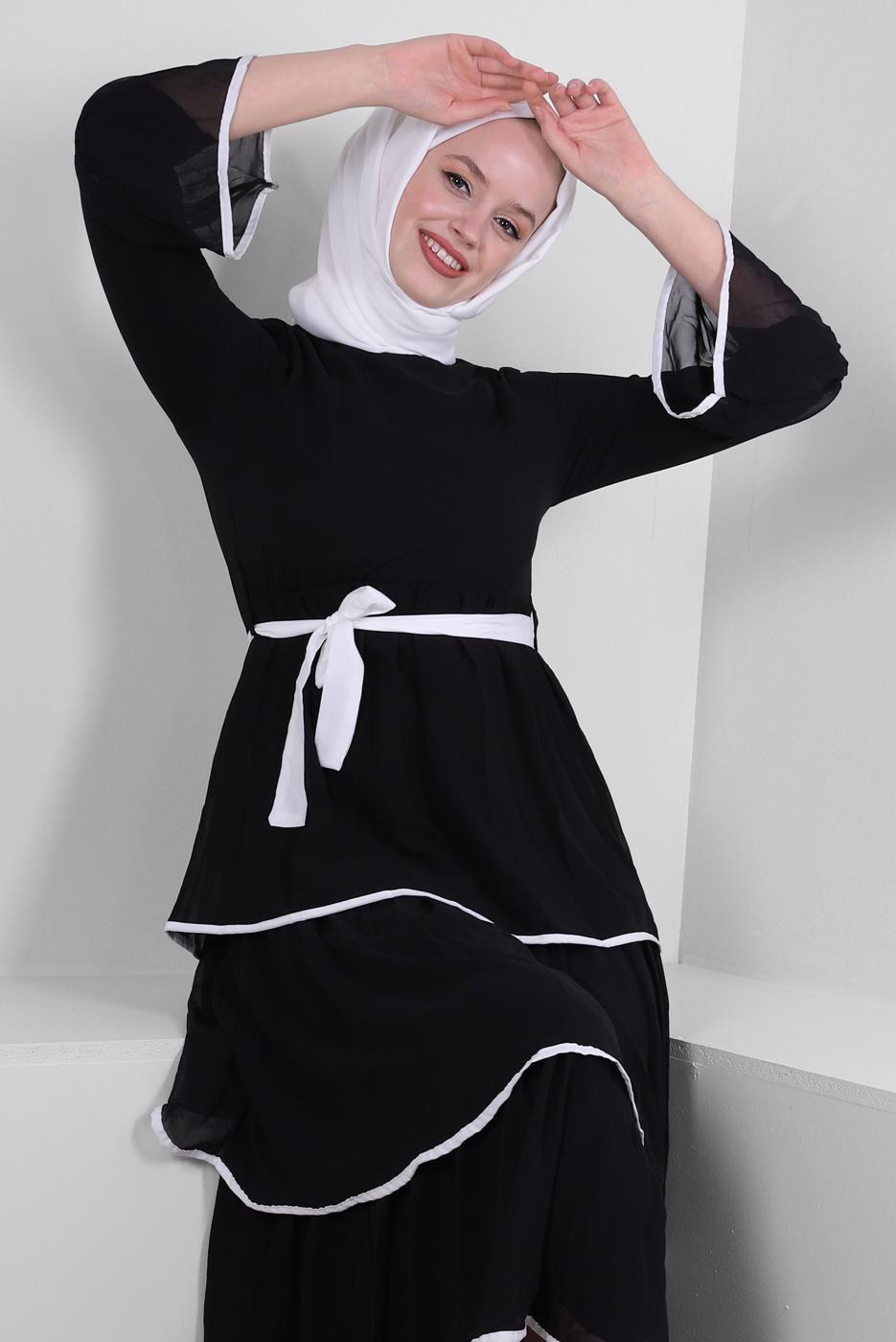 Tesettür giyim SİYAH FIRFIR DETAYLI KUŞAKLI ELBİSE T 6109