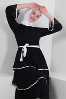 Tesettür giyim SİYAH FIRFIR DETAYLI KUŞAKLI ELBİSE T 6109