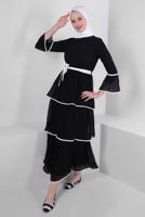 Tesettür giyim SİYAH FIRFIR DETAYLI KUŞAKLI ELBİSE T 6109