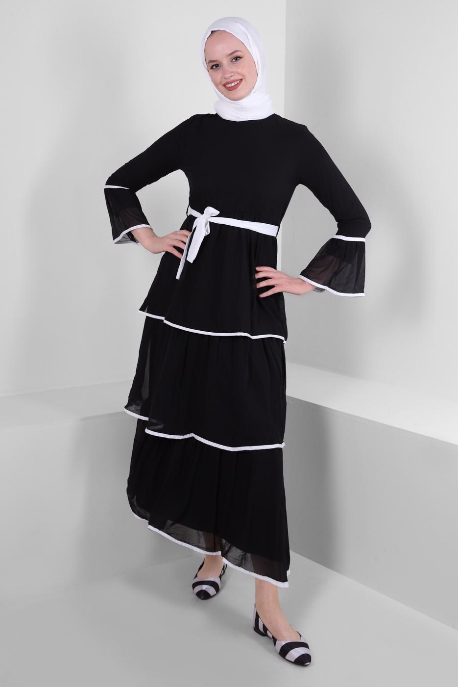 Tesettür giyim SİYAH FIRFIR DETAYLI KUŞAKLI ELBİSE T 6109