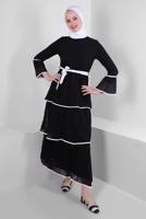 Tesettür giyim SİYAH FIRFIR DETAYLI KUŞAKLI ELBİSE T 6109
