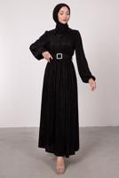 Tesettür giyim SİYAH BALON KOL KEMERLİ DÜĞMELİ ELBİSE T 6395