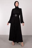 Tesettür giyim SİYAH BALON KOL KEMERLİ DÜĞMELİ ELBİSE T 6395