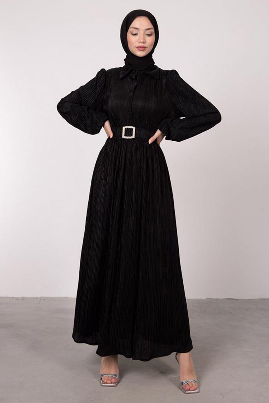 Tesettür giyim SİYAH BALON KOL KEMERLİ DÜĞMELİ ELBİSE T 6395