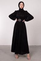 Tesettür giyim SİYAH BALON KOL KEMERLİ DÜĞMELİ ELBİSE T 6395