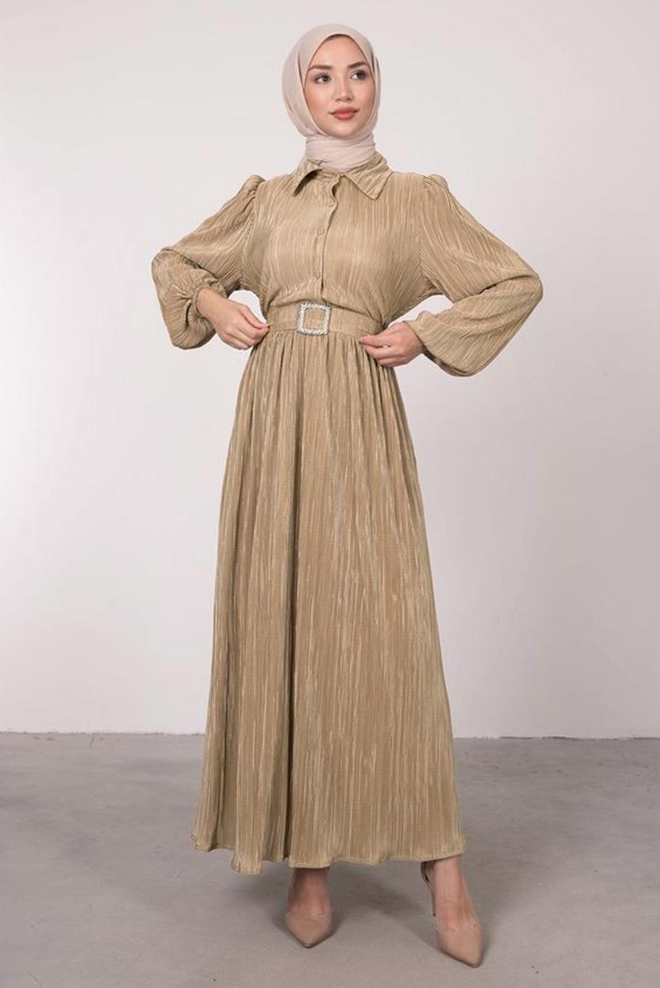 Tesettür giyim BEJ BALON KOL KEMERLİ DÜĞMELİ ELBİSE T 6395