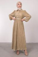 Tesettür giyim BEJ BALON KOL KEMERLİ DÜĞMELİ ELBİSE T 6395