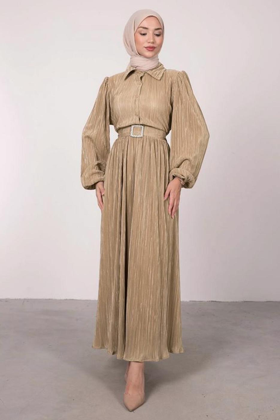 Tesettür giyim BEJ BALON KOL KEMERLİ DÜĞMELİ ELBİSE T 6395