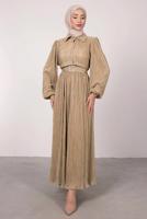 Tesettür giyim BEJ BALON KOL KEMERLİ DÜĞMELİ ELBİSE T 6395