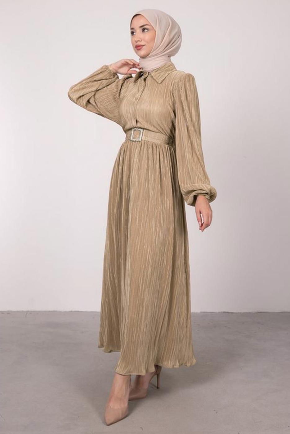Tesettür giyim BEJ BALON KOL KEMERLİ DÜĞMELİ ELBİSE T 6395