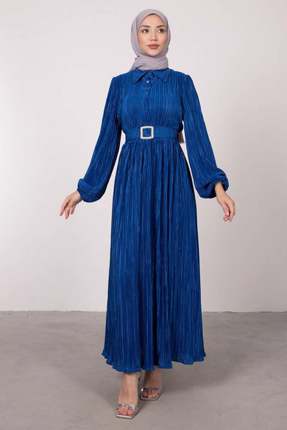 Tesettür giyim LACİVERT BALON KOL KEMERLİ DÜĞMELİ ELBİSE T 6395