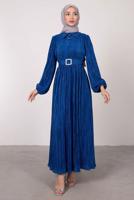 Tesettür giyim LACİVERT BALON KOL KEMERLİ DÜĞMELİ ELBİSE T 6395