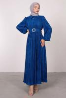 Tesettür giyim LACİVERT BALON KOL KEMERLİ DÜĞMELİ ELBİSE T 6395