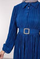 Tesettür giyim LACİVERT BALON KOL KEMERLİ DÜĞMELİ ELBİSE T 6395