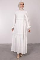 Tesettür giyim EKRU FİLE DETAYLI MANŞETLERİ LASTİKLİ ELBİSE T 6585