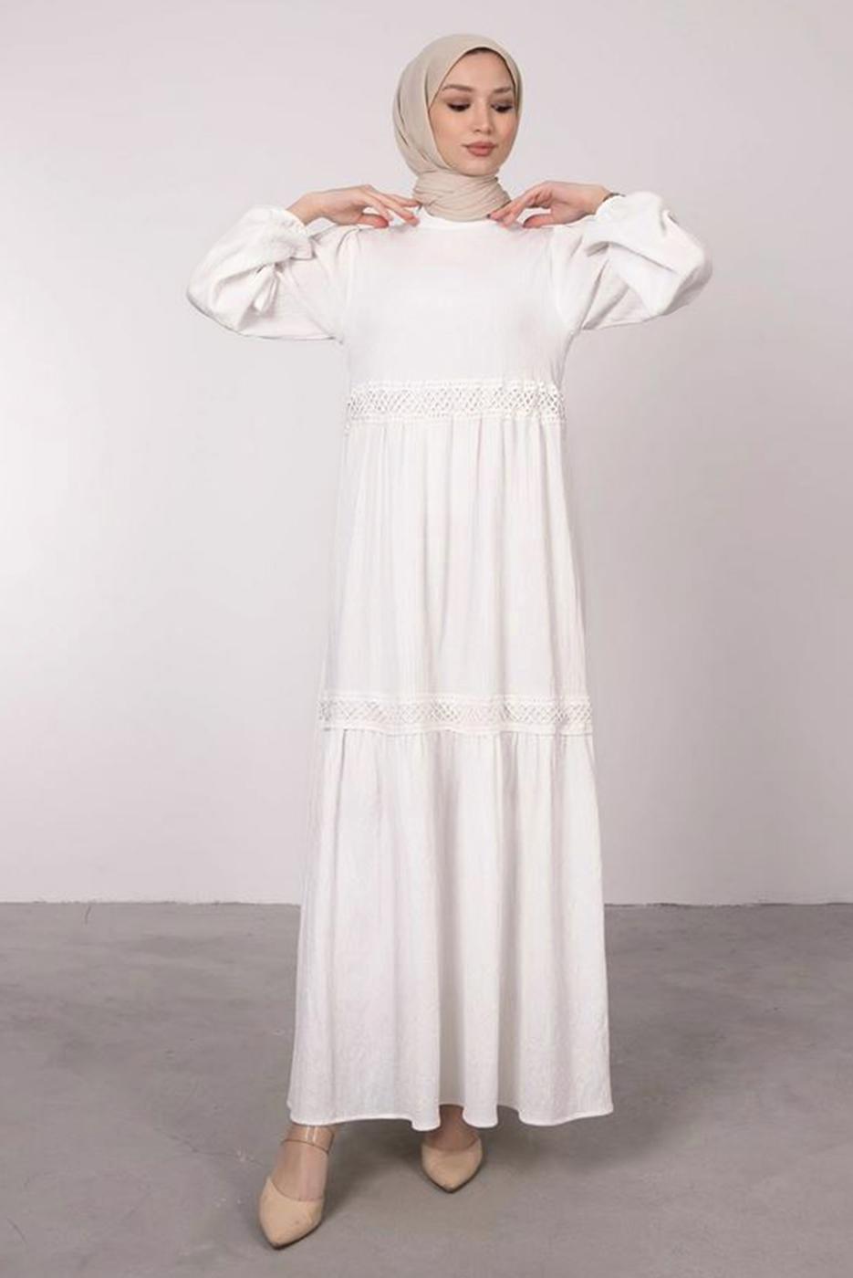 Tesettür giyim EKRU FİLE DETAYLI MANŞETLERİ LASTİKLİ ELBİSE T 6585