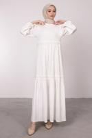 Tesettür giyim EKRU FİLE DETAYLI MANŞETLERİ LASTİKLİ ELBİSE T 6585