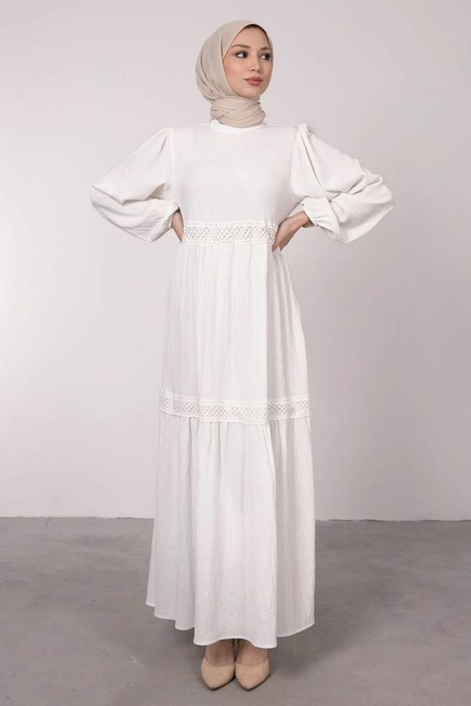 Tesettür giyim EKRU FİLE DETAYLI MANŞETLERİ LASTİKLİ ELBİSE T 6585