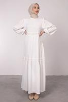 Tesettür giyim EKRU FİLE DETAYLI MANŞETLERİ LASTİKLİ ELBİSE T 6585