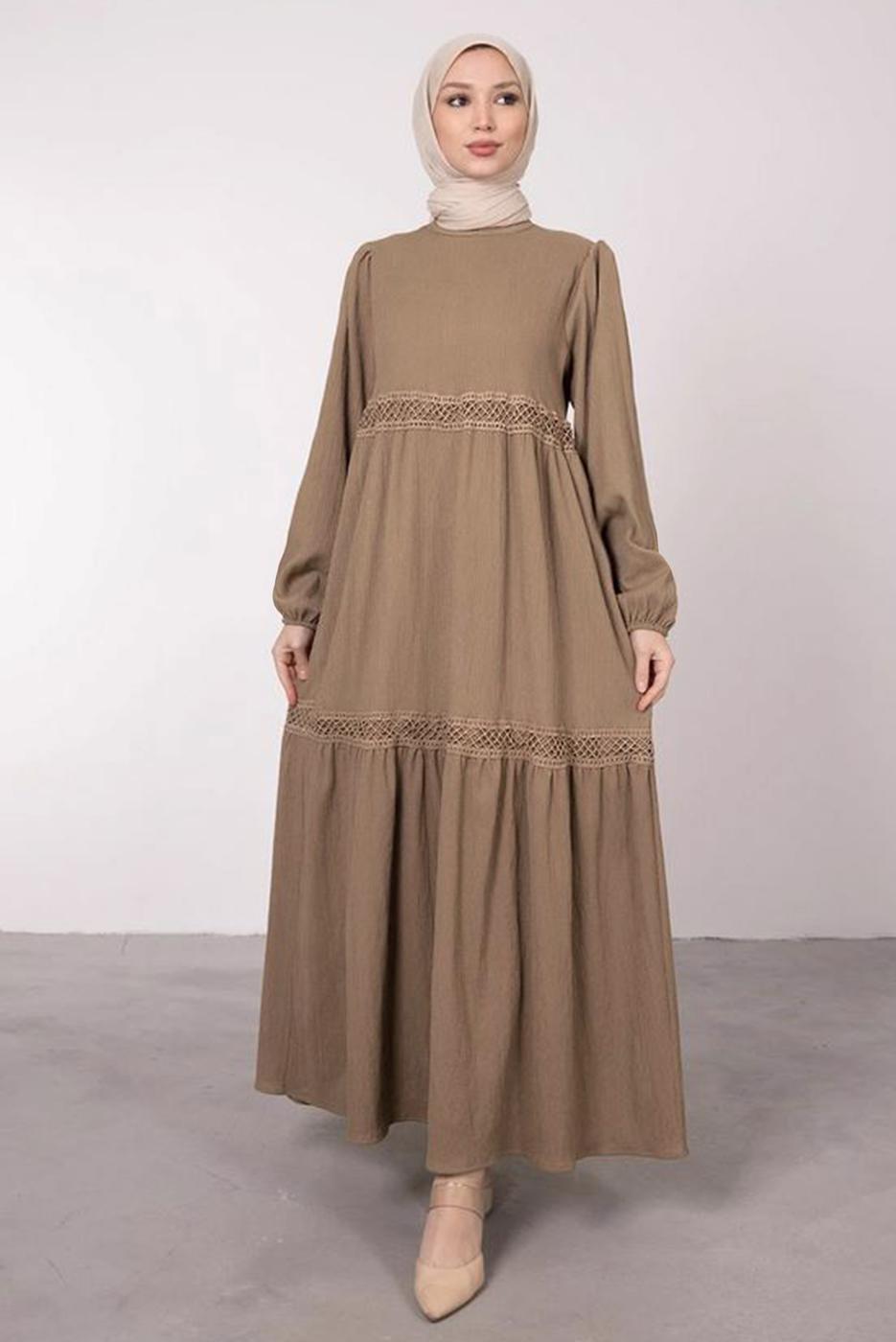 Tesettür giyim VİZON FİLE DETAYLI MANŞETLERİ LASTİKLİ ELBİSE T 6585