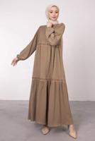 Tesettür giyim VİZON FİLE DETAYLI MANŞETLERİ LASTİKLİ ELBİSE T 6585