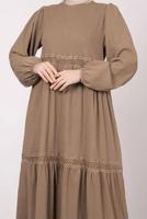 Tesettür giyim VİZON FİLE DETAYLI MANŞETLERİ LASTİKLİ ELBİSE T 6585