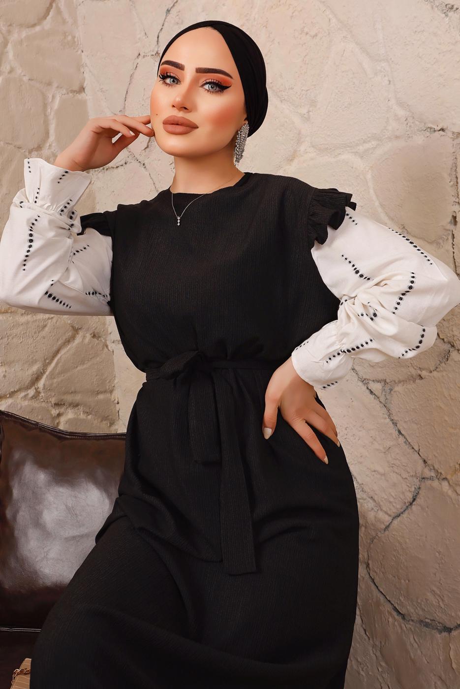 Tesettür giyim SİYAH KOLLARI FIRFIRLI KUŞAKLI İKİLİ ELBİSE T 6592