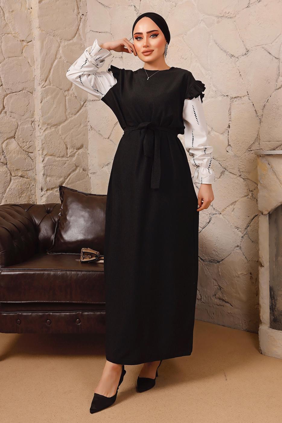 Tesettür giyim SİYAH KOLLARI FIRFIRLI KUŞAKLI İKİLİ ELBİSE T 6592