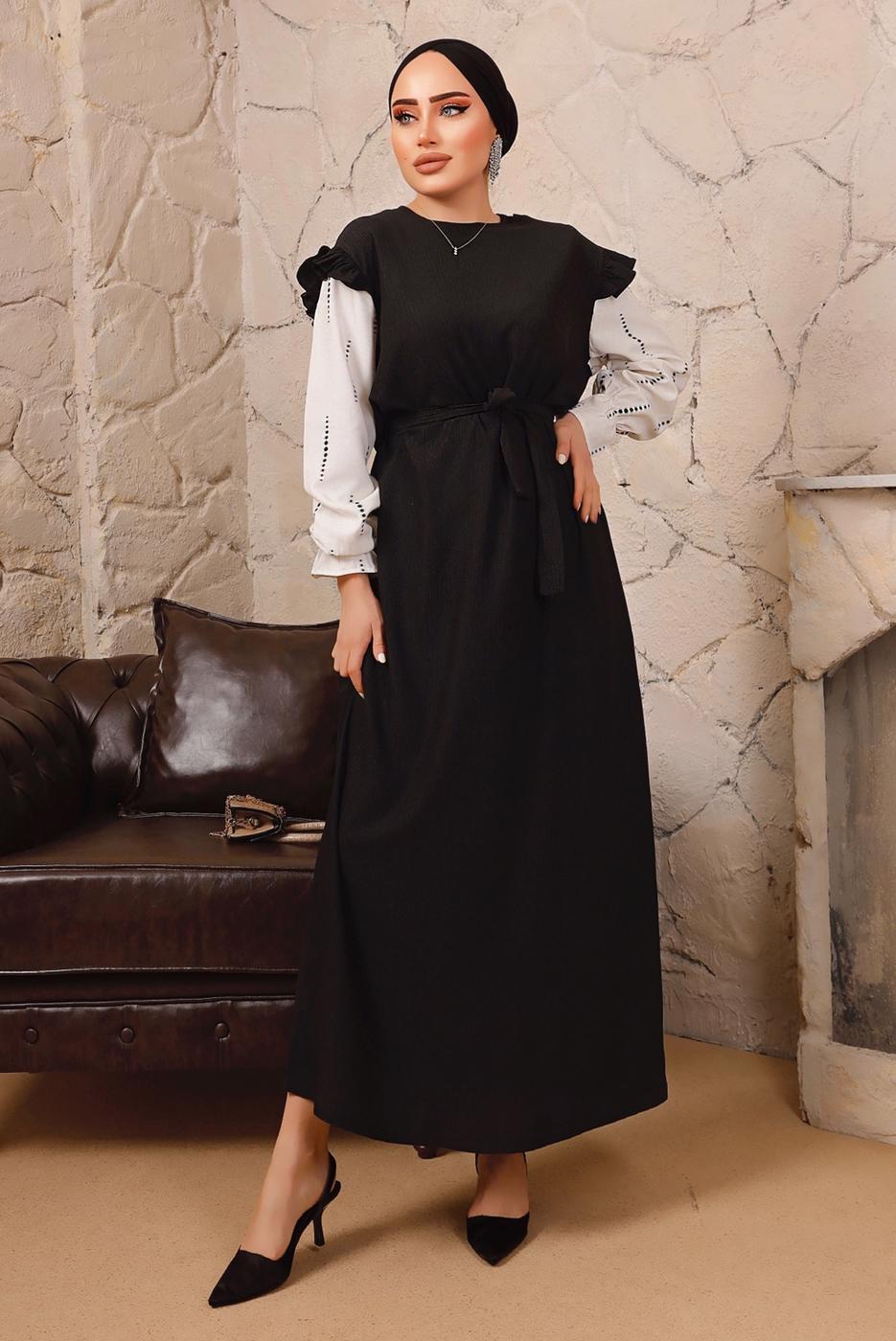 Tesettür giyim SİYAH KOLLARI FIRFIRLI KUŞAKLI İKİLİ ELBİSE T 6592