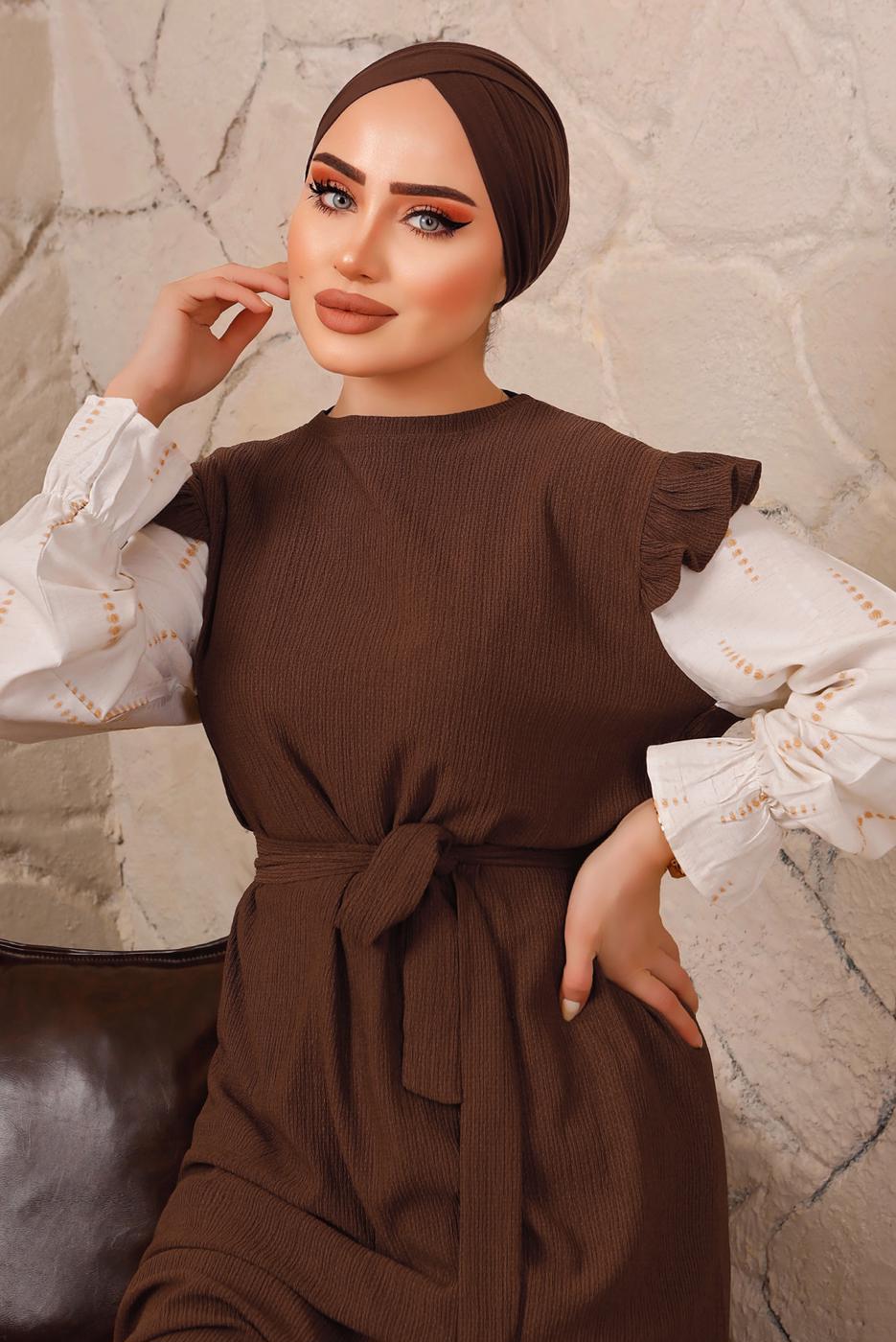 Tesettür giyim KAHVE KOLLARI FIRFIRLI KUŞAKLI İKİLİ ELBİSE T 6592