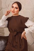 Tesettür giyim KAHVE KOLLARI FIRFIRLI KUŞAKLI İKİLİ ELBİSE T 6592