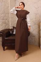Tesettür giyim KAHVE KOLLARI FIRFIRLI KUŞAKLI İKİLİ ELBİSE T 6592