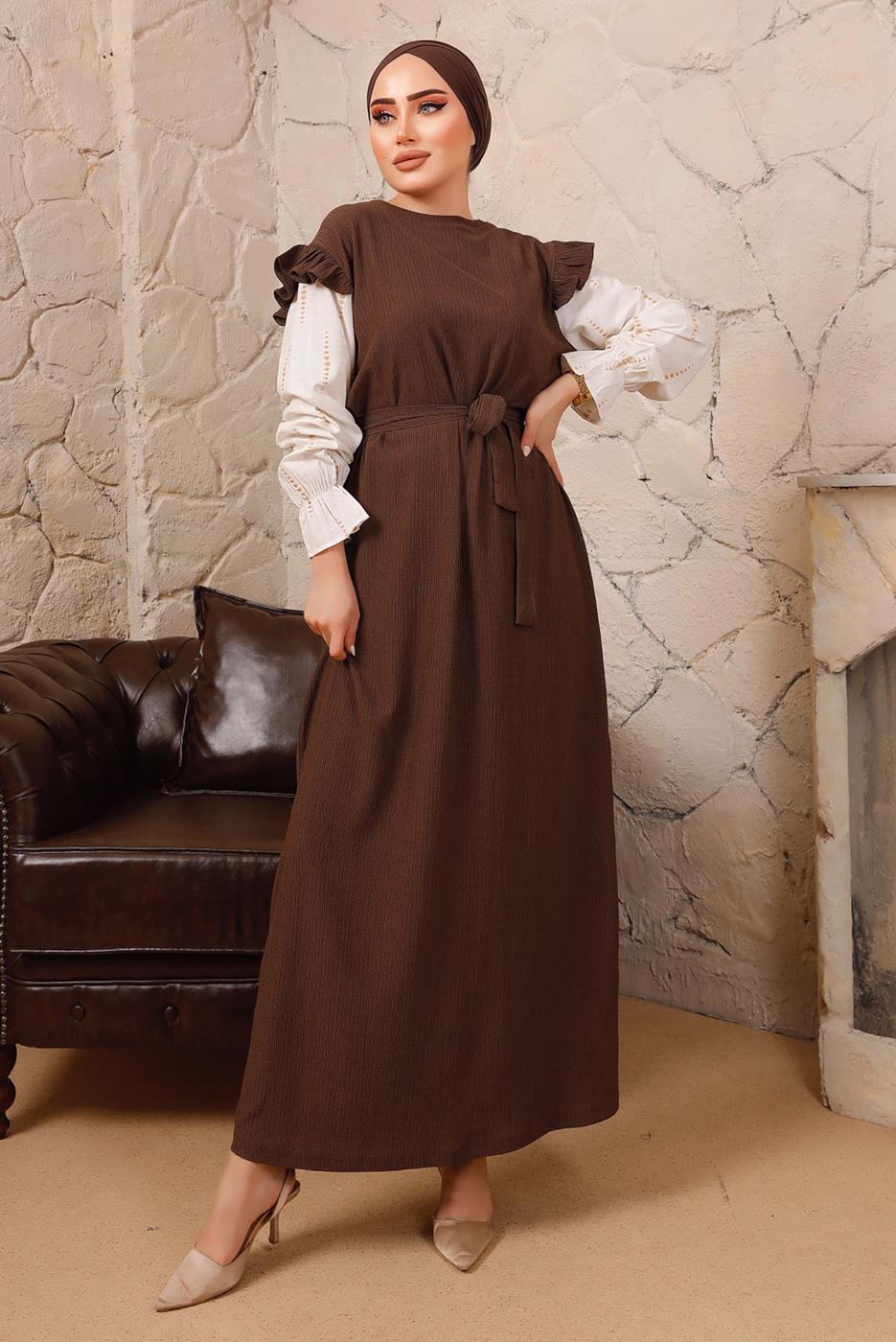Tesettür giyim KAHVE KOLLARI FIRFIRLI KUŞAKLI İKİLİ ELBİSE T 6592