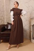 Tesettür giyim KAHVE KOLLARI FIRFIRLI KUŞAKLI İKİLİ ELBİSE T 6592