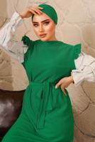 Tesettür giyim YEŞİL KOLLARI FIRFIRLI KUŞAKLI İKİLİ ELBİSE T 6592