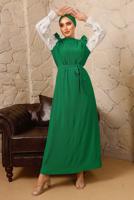 Tesettür giyim YEŞİL KOLLARI FIRFIRLI KUŞAKLI İKİLİ ELBİSE T 6592