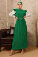 Tesettür giyim YEŞİL KOLLARI FIRFIRLI KUŞAKLI İKİLİ ELBİSE T 6592